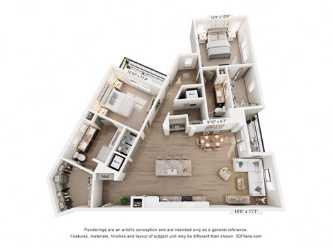 Floor plan for 2 beds, 2 baths, 1573 sqft